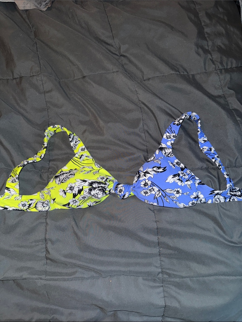 Two-Tone Floral Triangle Swim Top - Blue & Neon Yellow size M